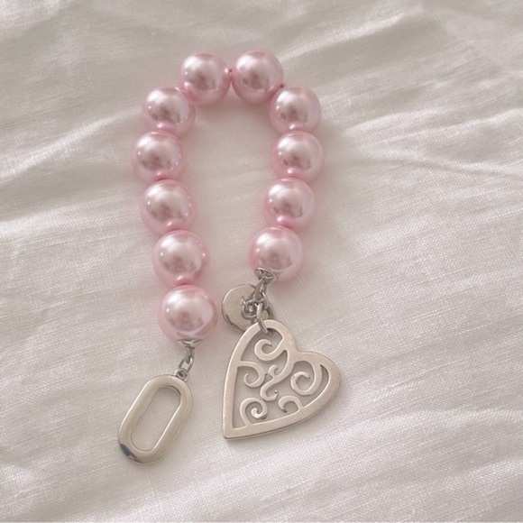 Pink Pearls Bracelet Heart Charm With Rhinestones Silver Tone Hardware One Size - Picture 6 of 7